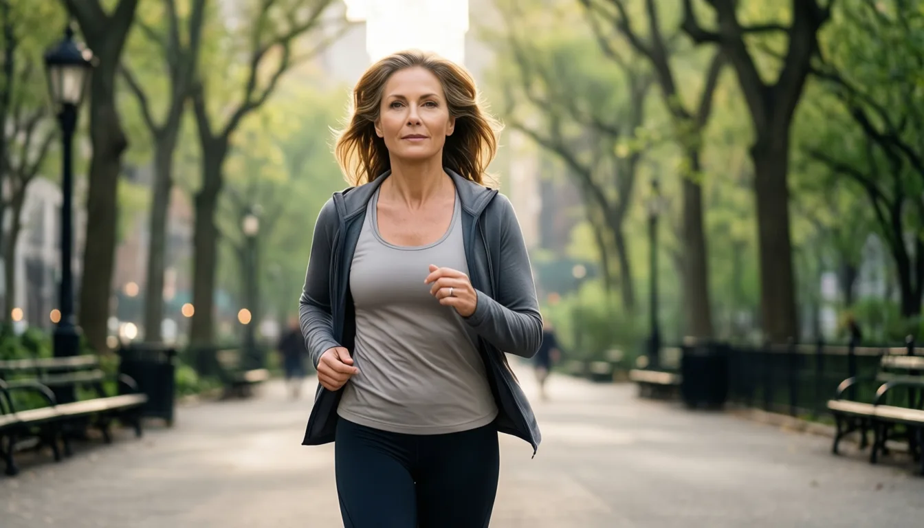 a woman walking on a tree-lined park path in the morning