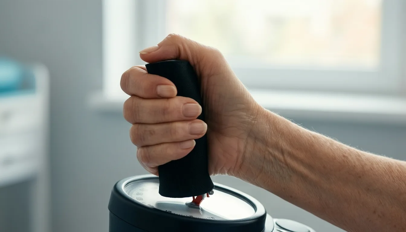 An older woman gripping a handheld dynamometer during a clinical strength test.
