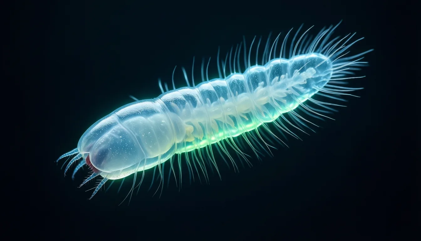 A microscopic C. elegans worm glowing faintly under fluorescence imaging.