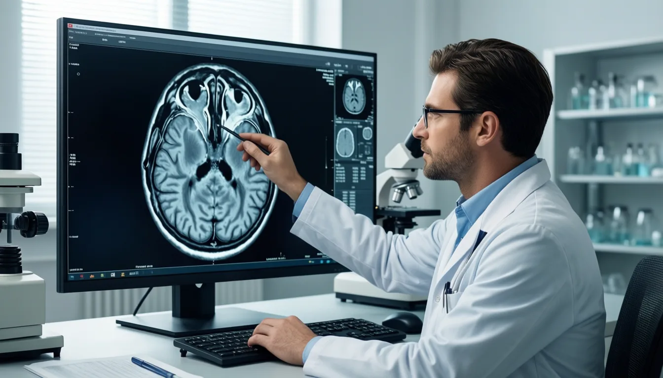 Researcher examining hippocampal MRI on a monitor