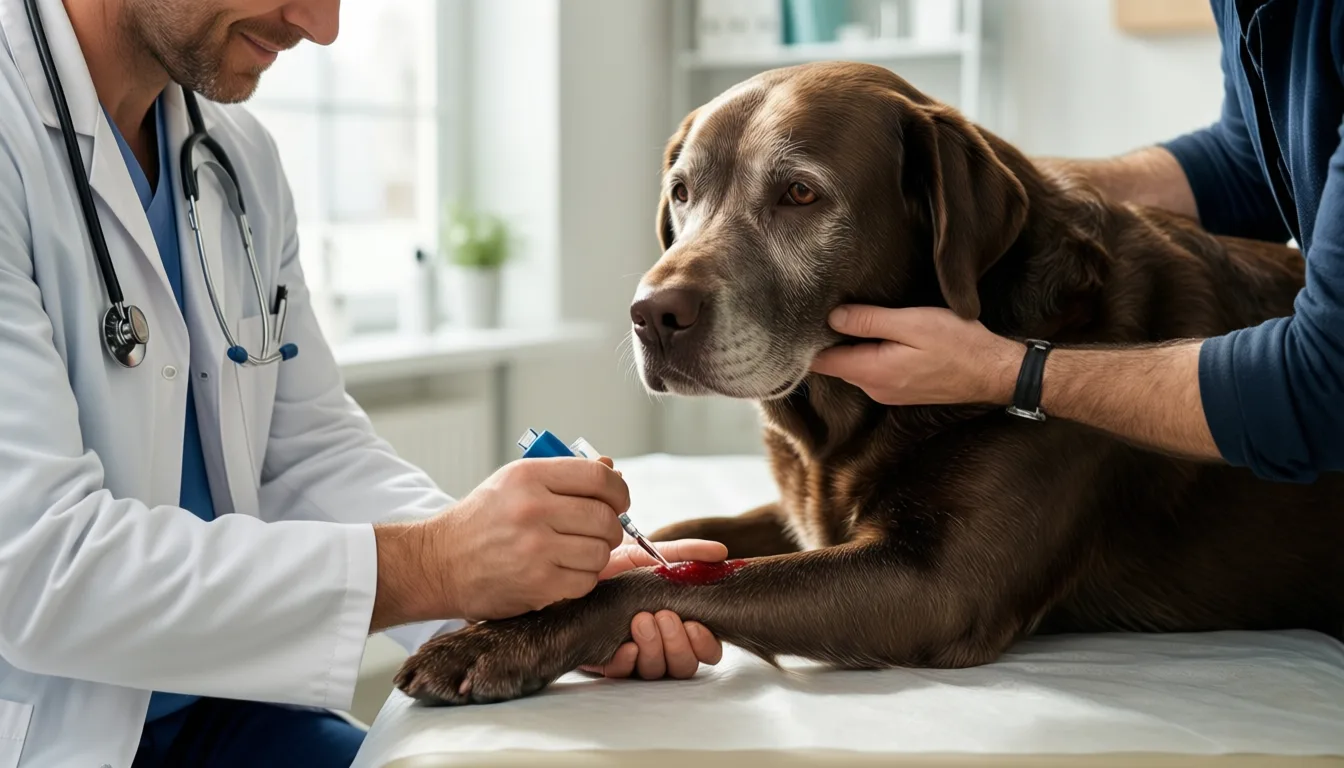 veterinarian drawing a blood sample from an older labrador