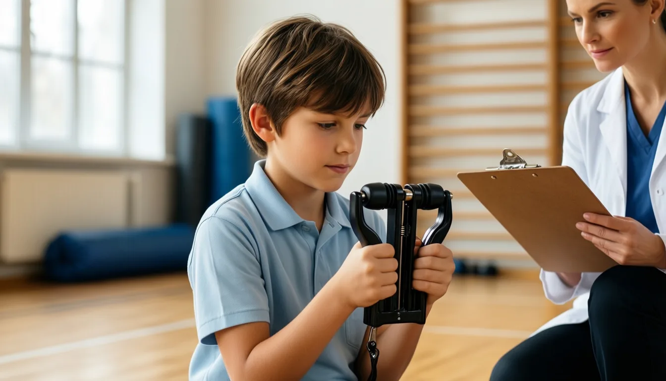 A child performing a handgrip strength test in a school gym
