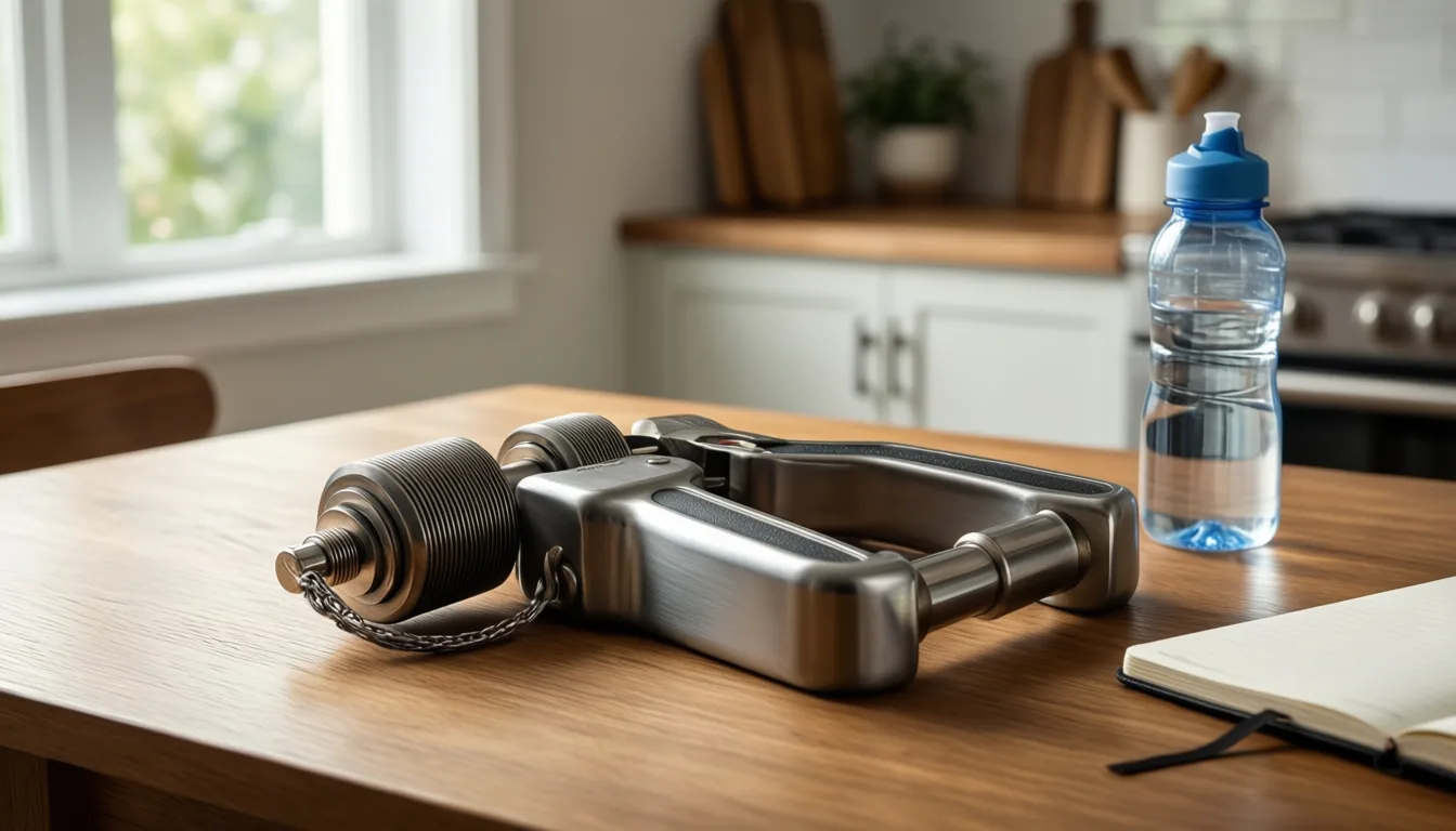 A handgrip dynamometer on a kitchen table