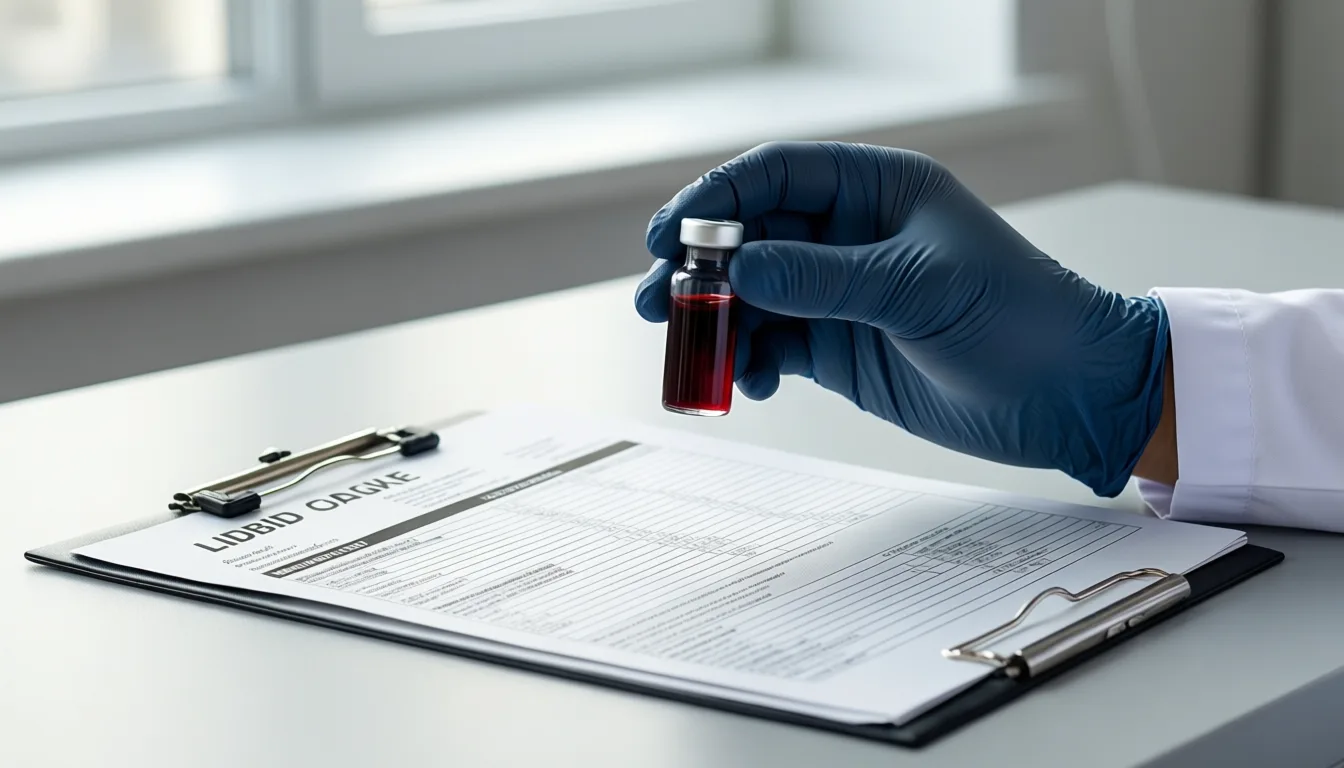 a blood sample vial beside a printed lipid panel report