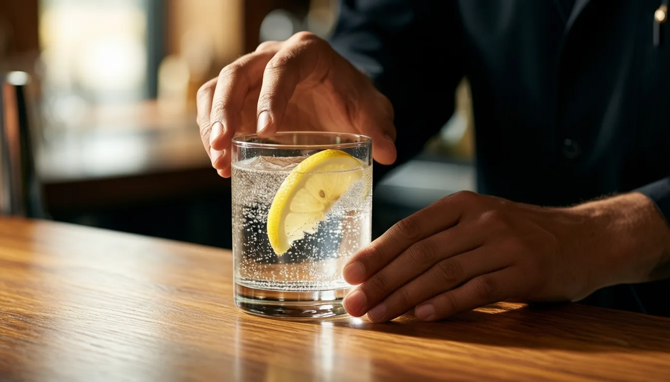 hands placing a glass of sparkling water with lemon on a wooden bar