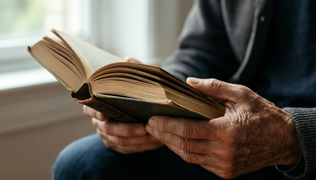 older person's hands holding an open paperback book in soft light