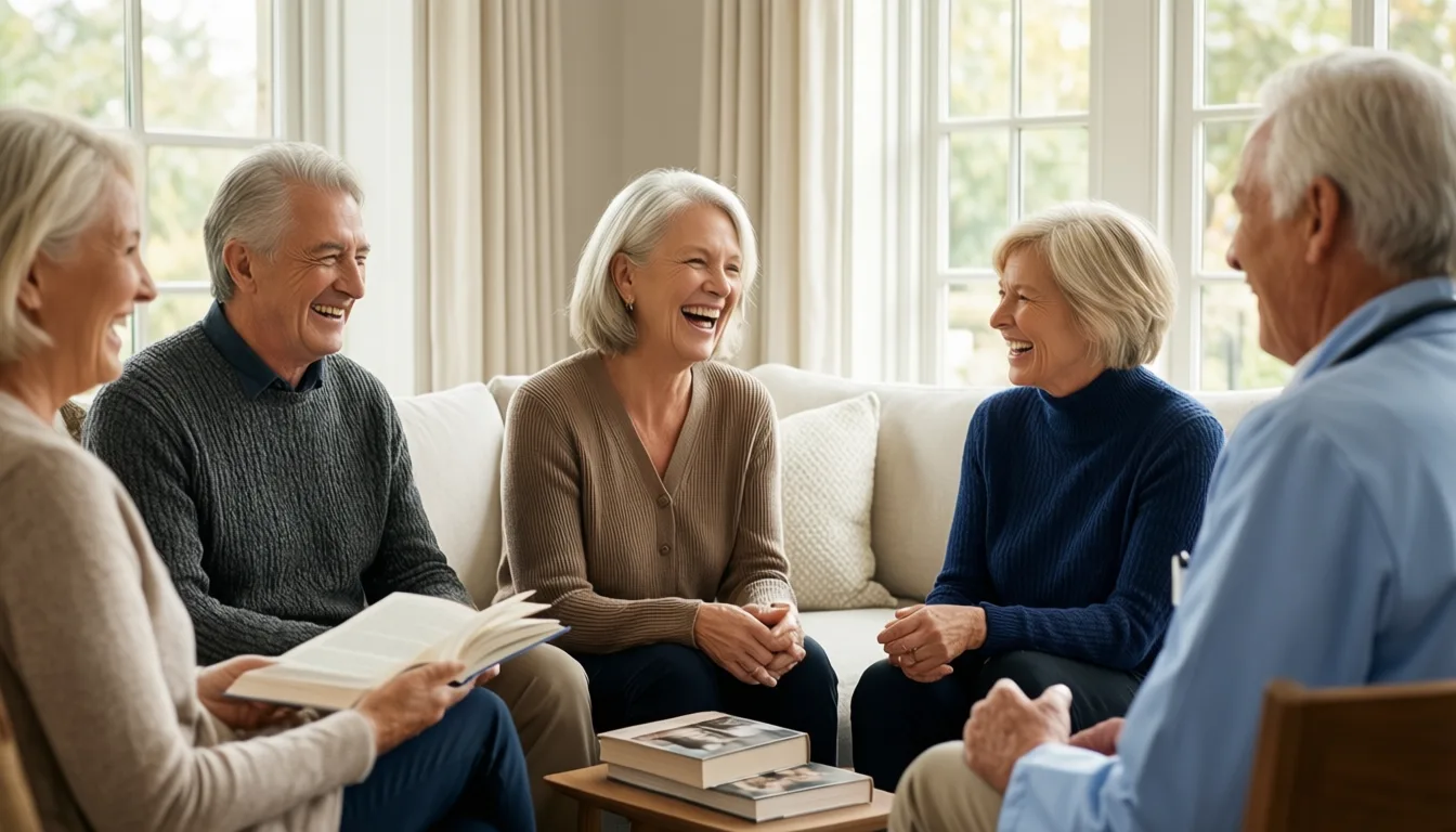 older adults talking and laughing during a book club