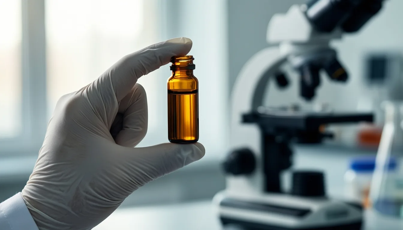 Gloved hand holding amber vial in a laboratory