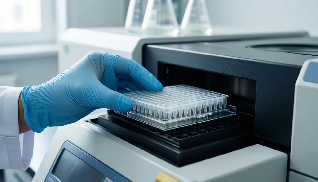 Gloved hand loading a 96-well plate into an LC-MS instrument