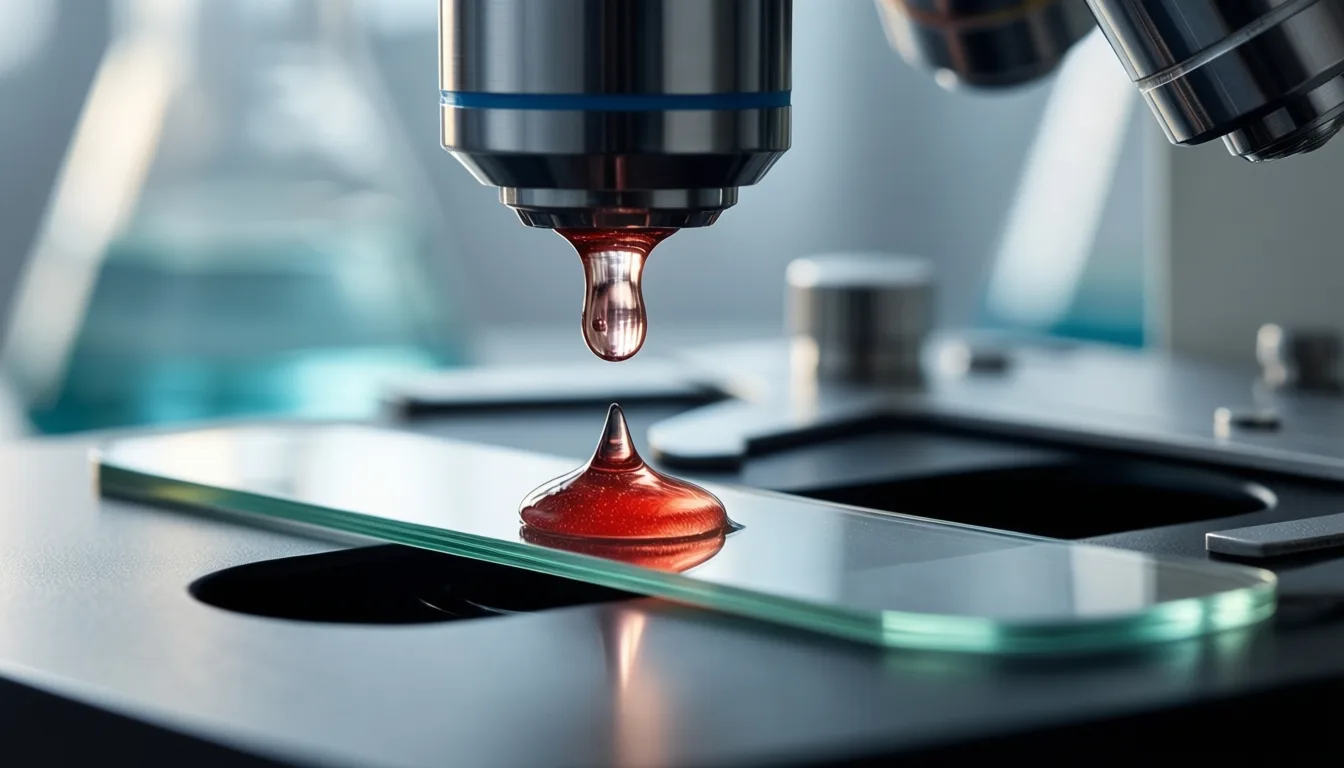 A droplet of saliva on a glass slide under side lighting