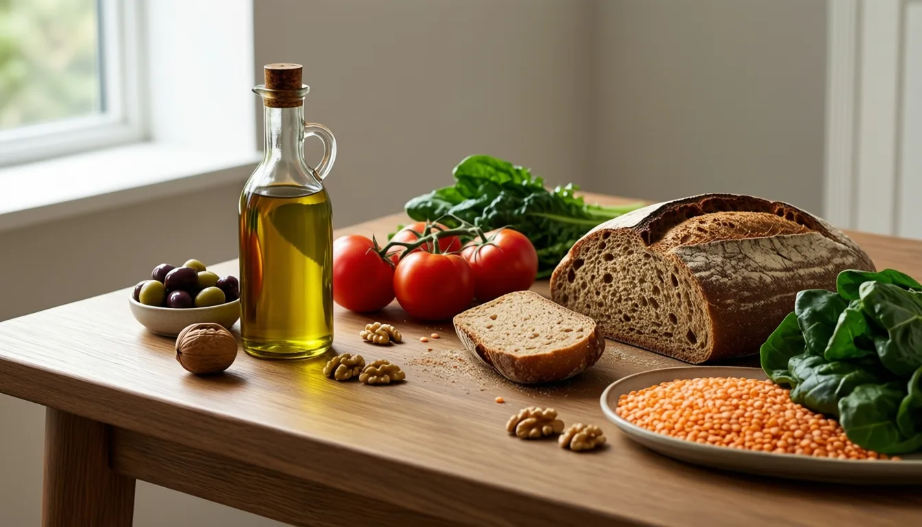 Mediterranean ingredients arranged on a wooden table in soft daylight