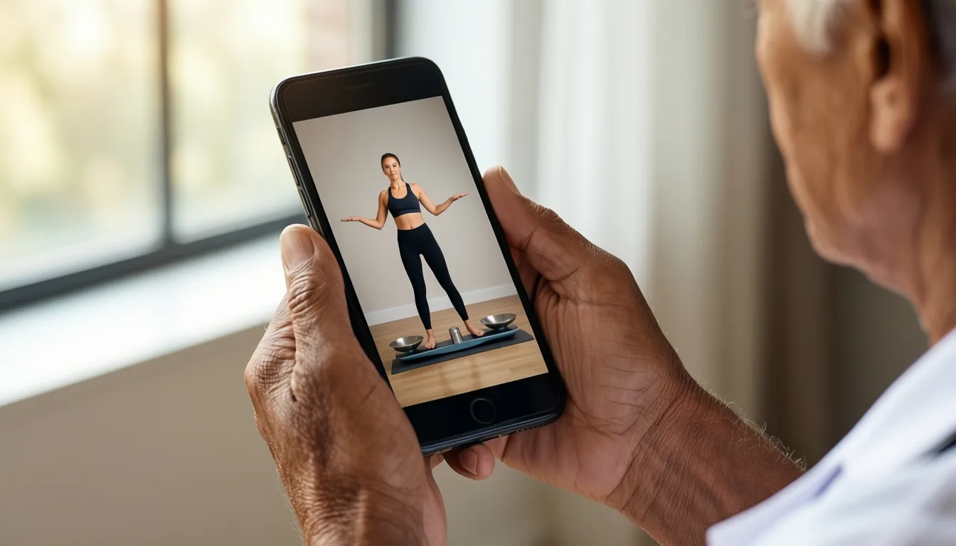 older adult hands holding a smartphone with an exercise app on screen