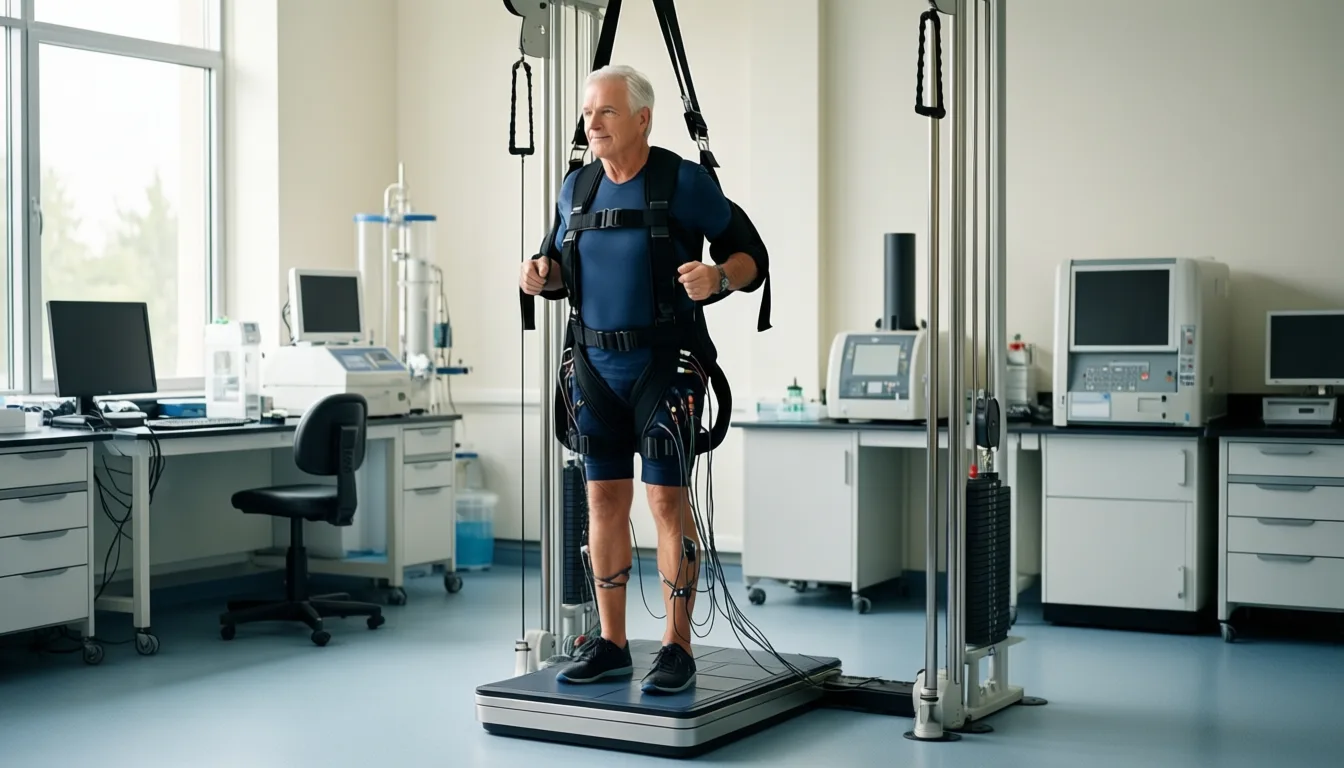 older adult wearing a safety harness on a balance perturbation platform