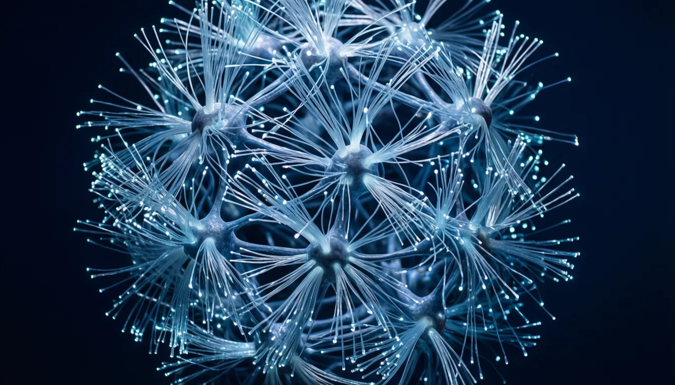 Glowing fiber-optic strands forming a web-like pattern