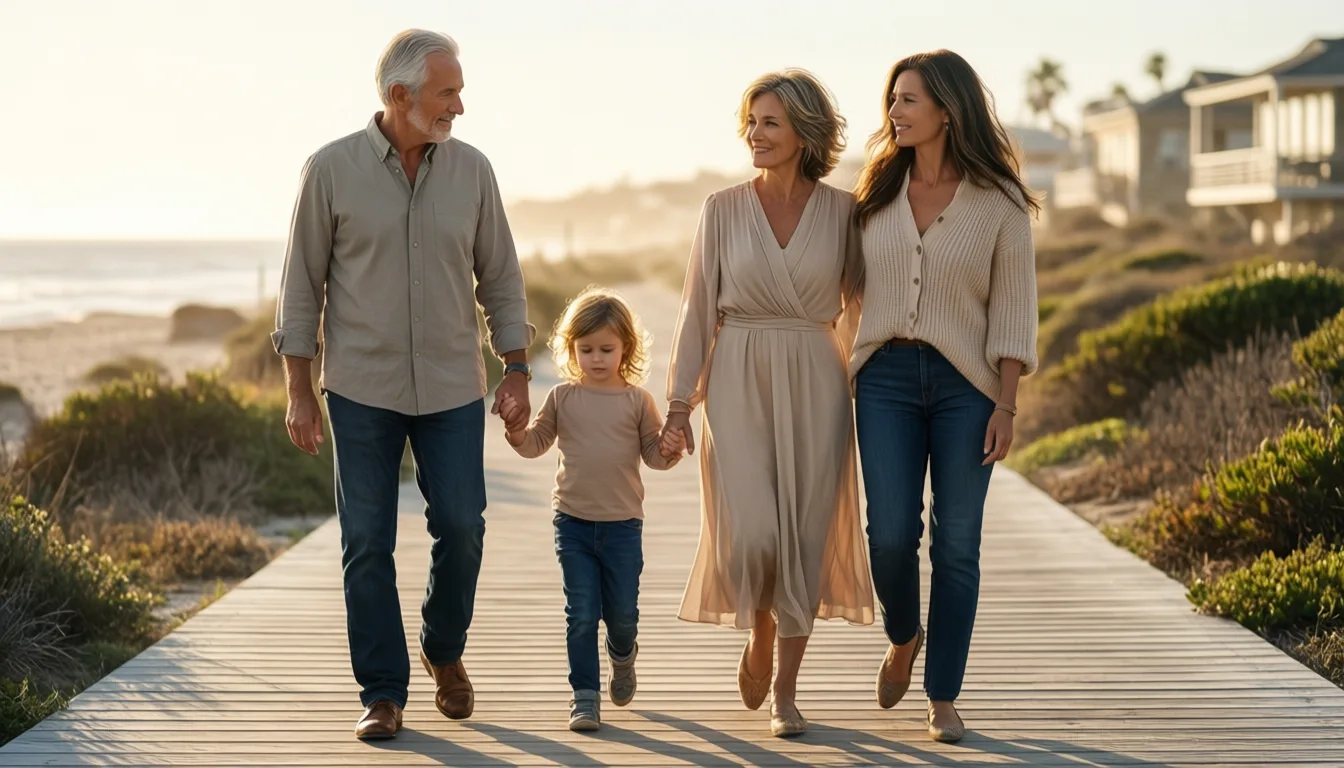A grandparent, parent, and young child walking together along a sunlit boardwalk