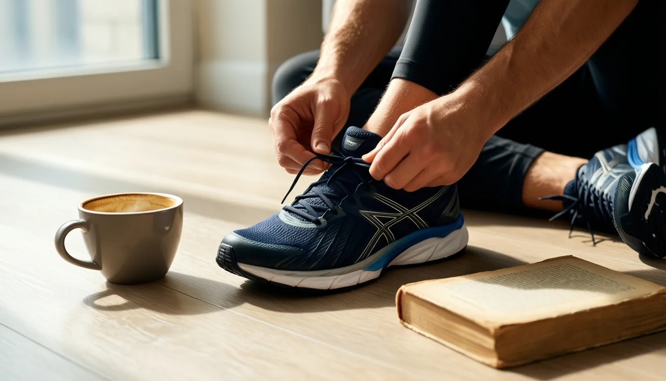 Hands lacing a running shoe on a sunlit wooden floor