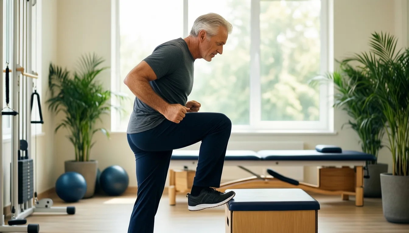 Older adult doing a step-up exercise in a rehab studio