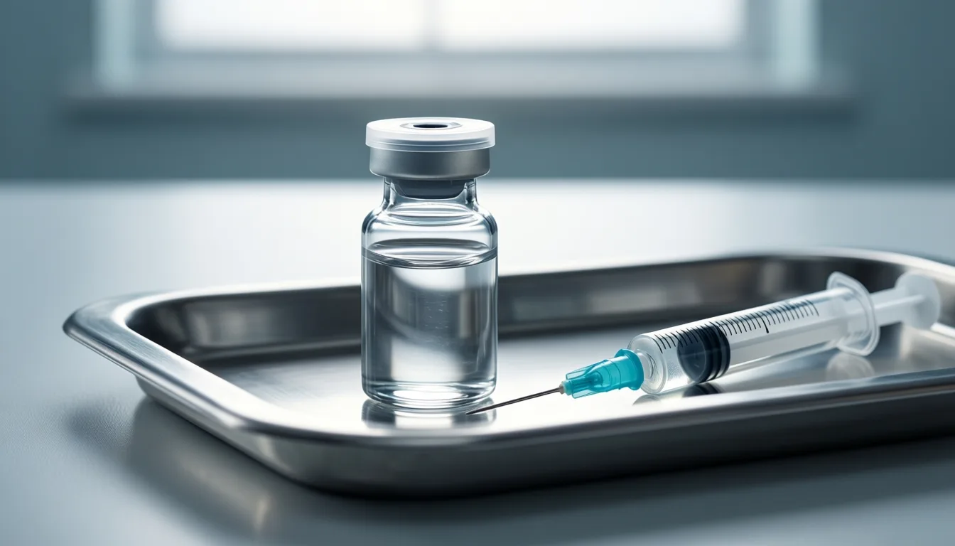 Vaccine vial and syringe on a clinical tray