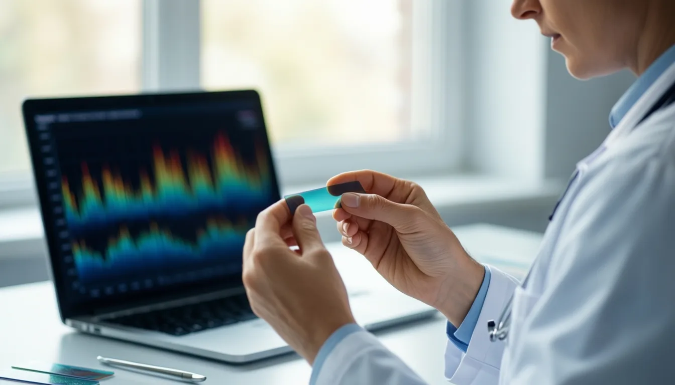 A researcher in a lab studying data on a slide and a laptop screen