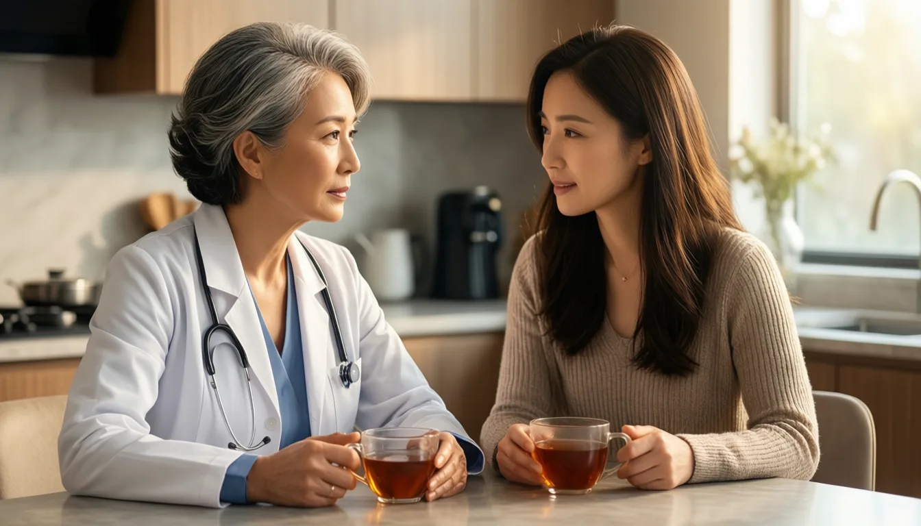 An older woman and her adult daughter talking over tea at a kitchen table