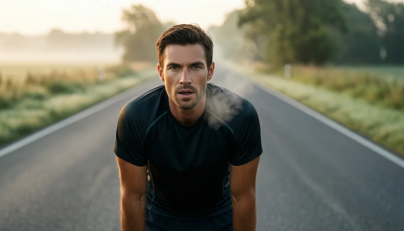 A runner resting at dawn on a country road
