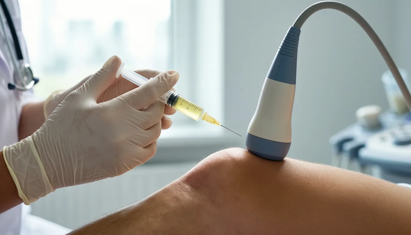 Clinician preparing an ultrasound-guided PRP injection at a patient's knee