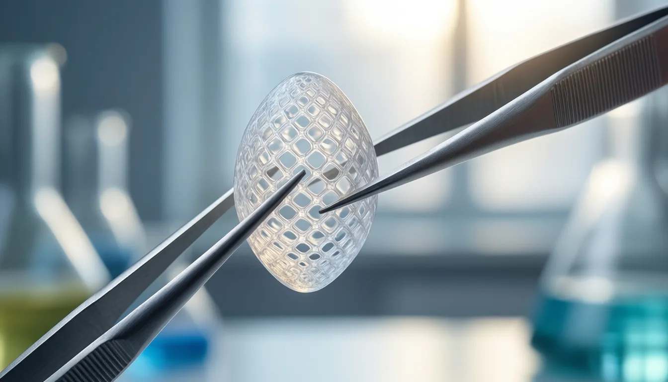 Tweezers holding a translucent biomimetic lattice scaffold under lab light