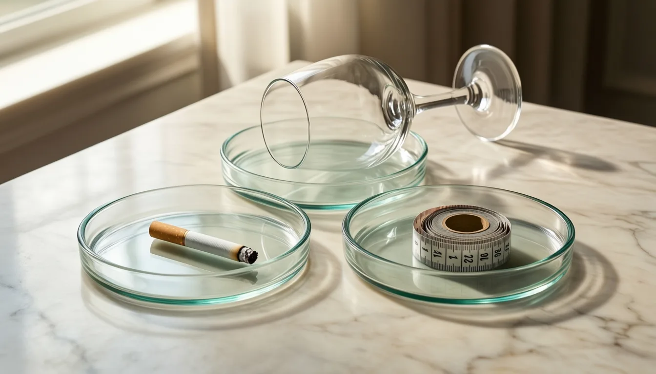 Three petri dishes on marble holding a cigarette stub, a wine glass, and a coiled tape measure