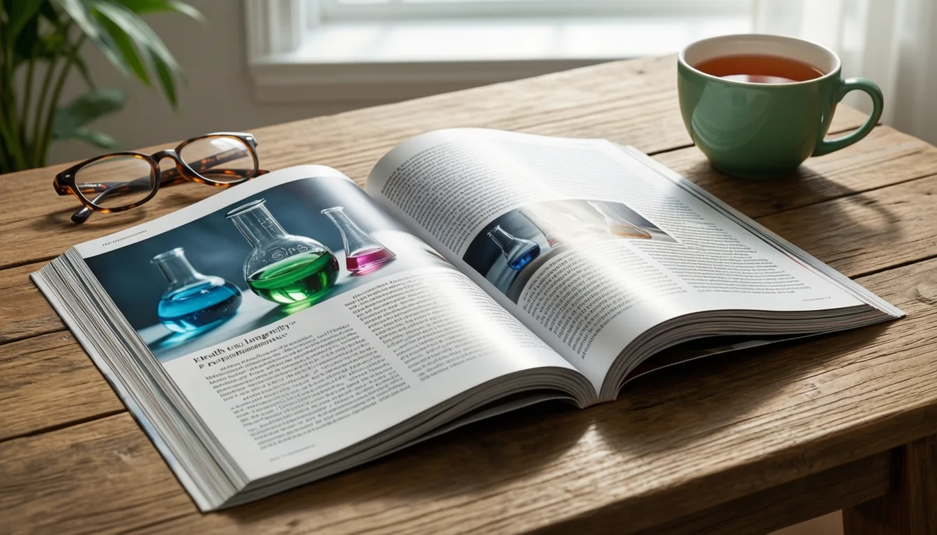 An open journal beside reading glasses and a mug of tea