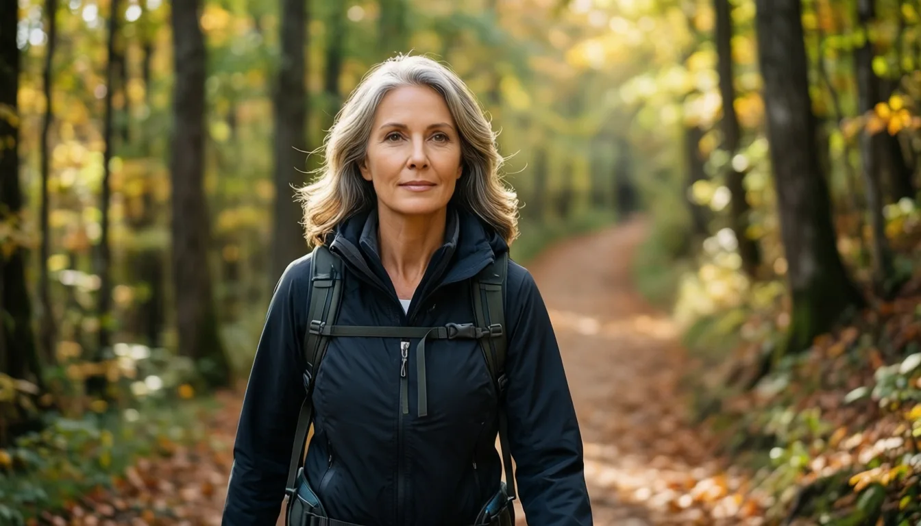A woman walking on a wooded trail in autumn light