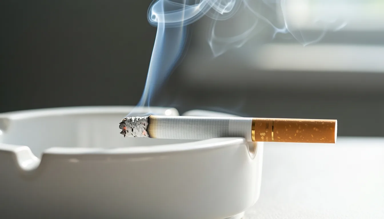 A lit cigarette resting on a white ashtray with a thin trail of smoke