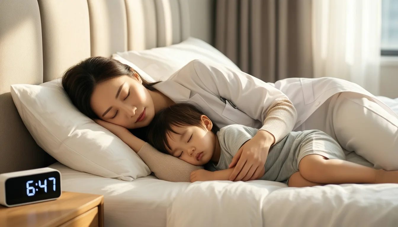 A mother and toddler asleep in early morning light