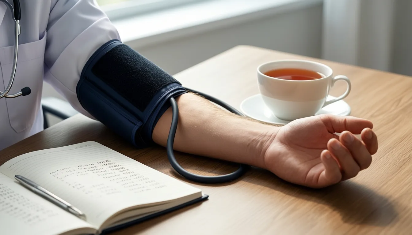 A blood pressure cuff and notebook on a desk