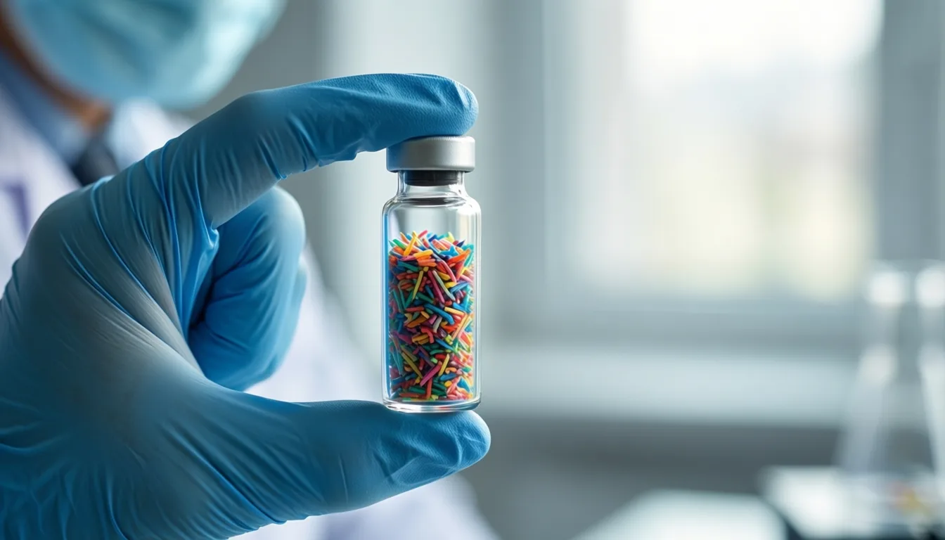 Gloved hand holding a vial of microplastic fragments in a lab