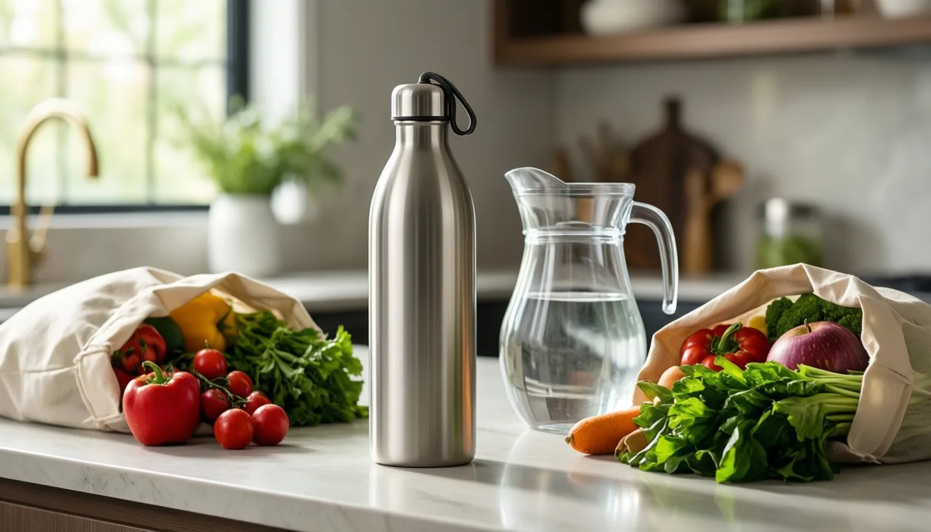 Reusable bottle, glass jug, and produce in cloth bags on a kitchen counter