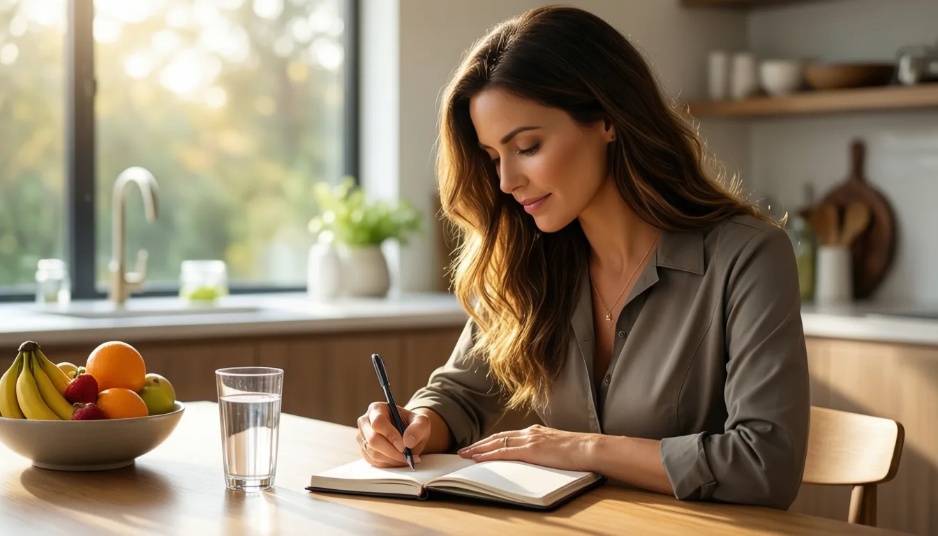 A woman journaling at a bright kitchen table