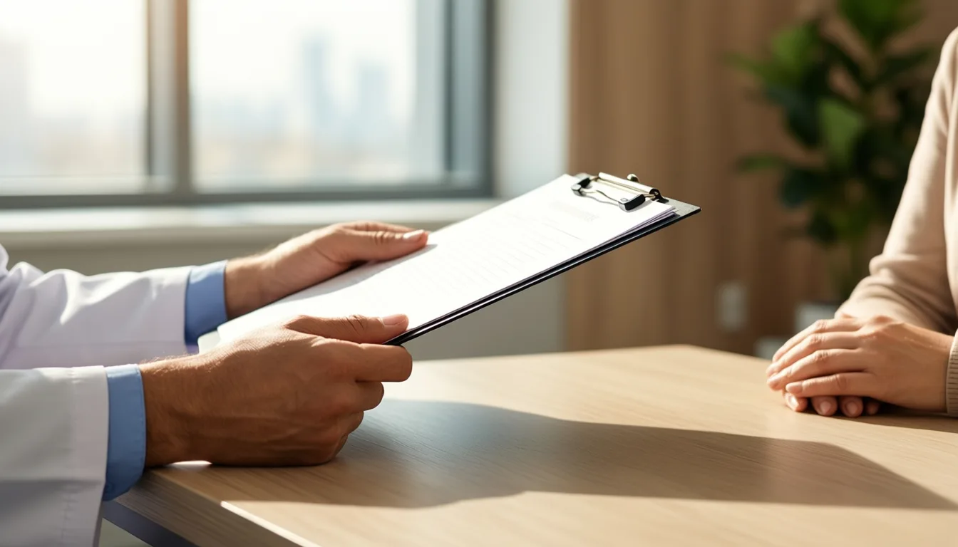 A clinician consulting with a patient in a bright office