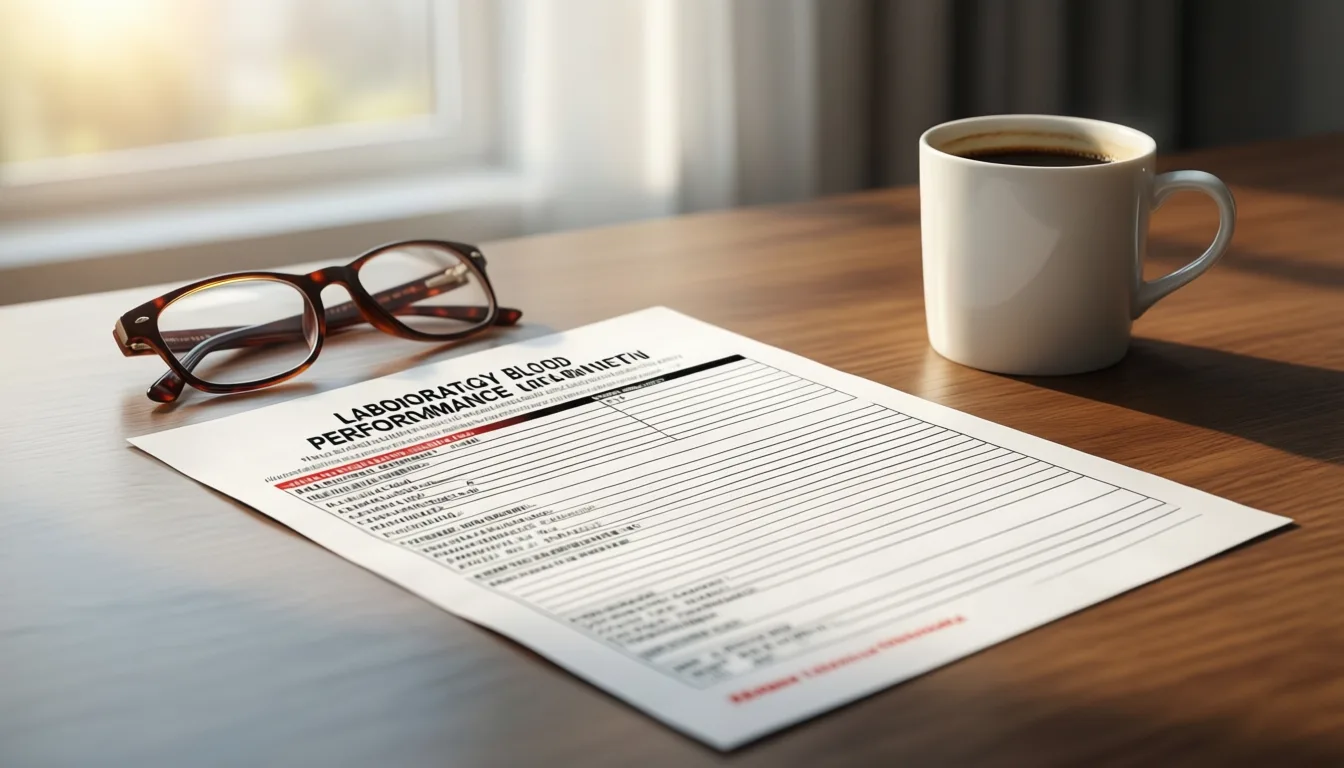 A printed lab report on a desk next to reading glasses
