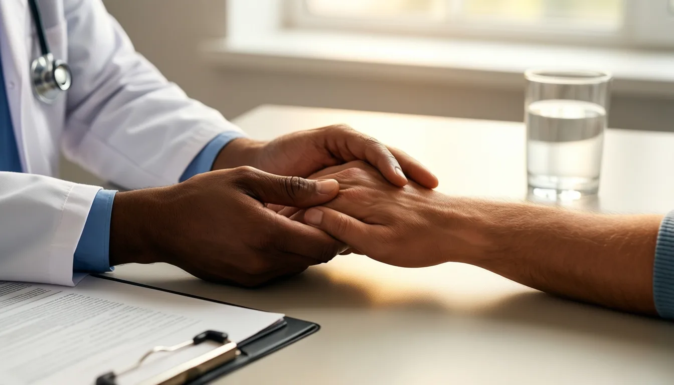 A clinician holds a patient's hand across a consultation table in soft daylight.