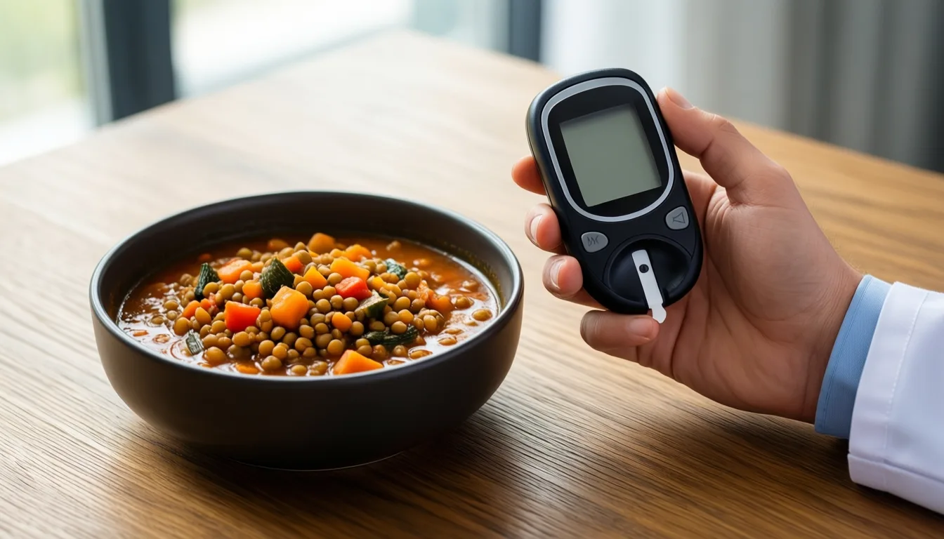 Glucose meter beside a bowl of lentil stew