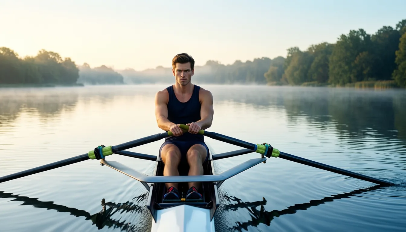 A rower training alone at dawn on a calm lake