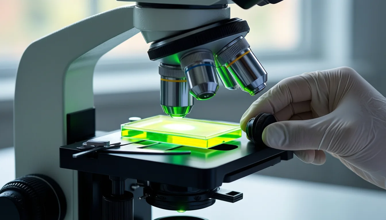 A fluorescence microscope being focused on a glowing sample