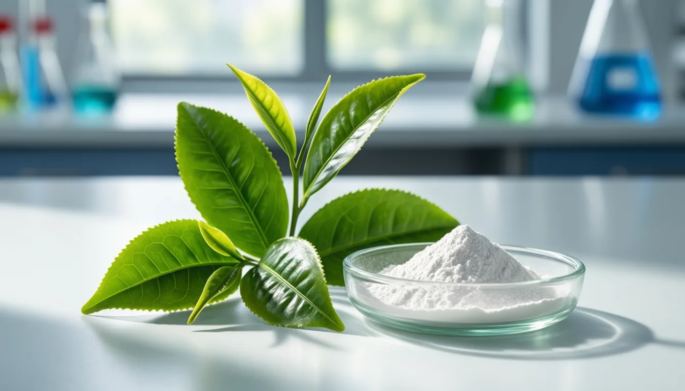 Green tea leaves beside a dish of supplement powder