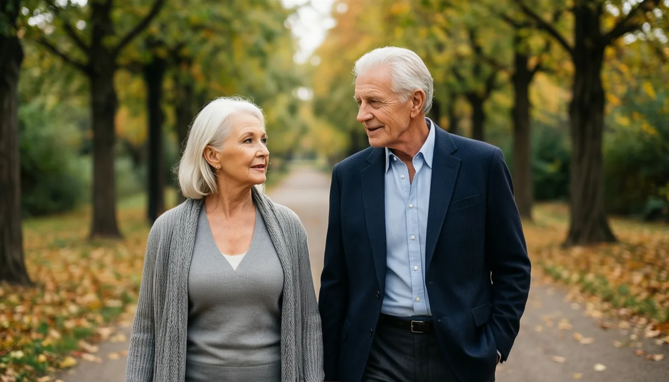 An older woman and man walking together on an autumn path