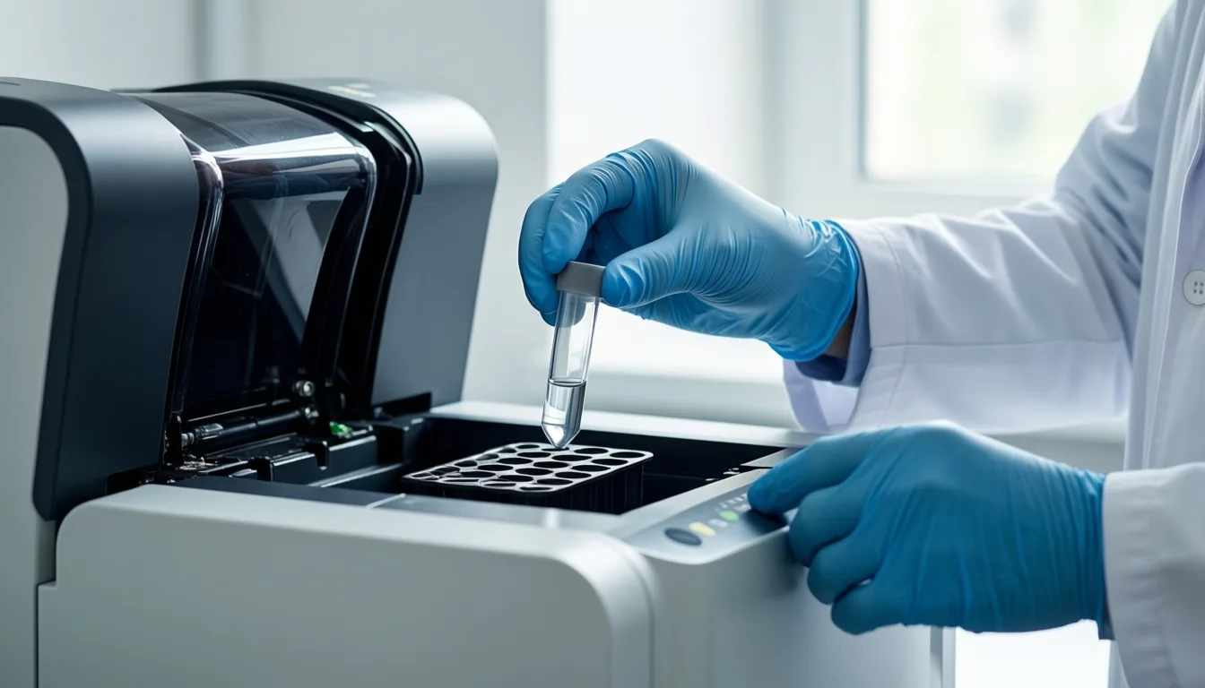 A researcher loads samples into a benchtop sequencer