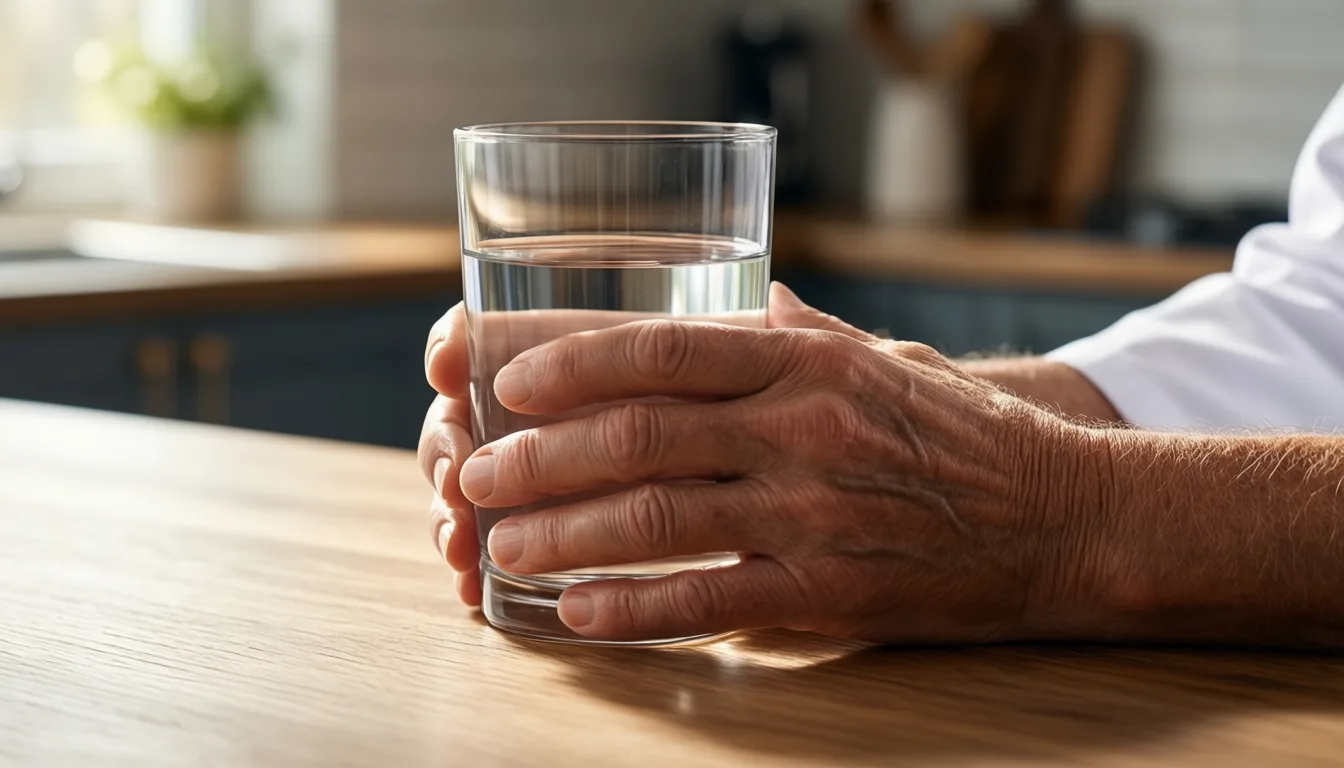 Older adult's hands holding a glass of water in morning light