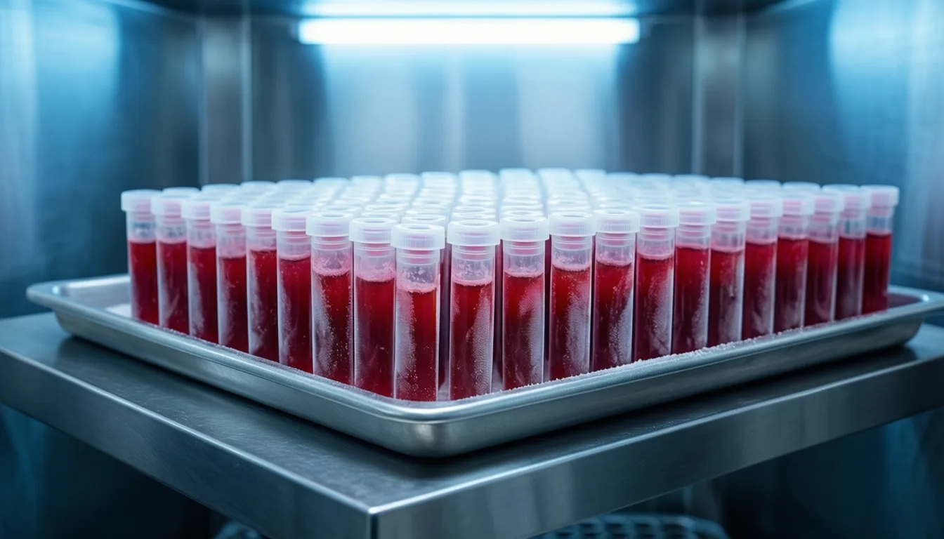 Frozen biological sample vials in cold storage