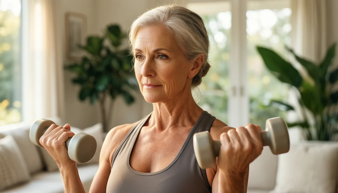 An older woman lifting a light dumbbell in a sunlit room