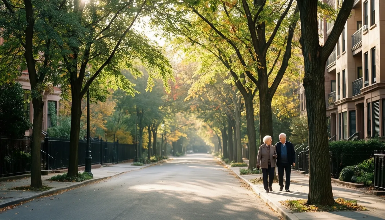 A leafy residential street with an older couple walking