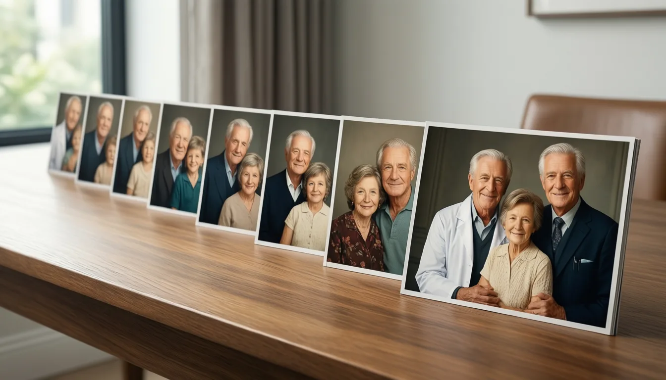 A sequence of framed photographs on a wooden table showing a man at successive ages.